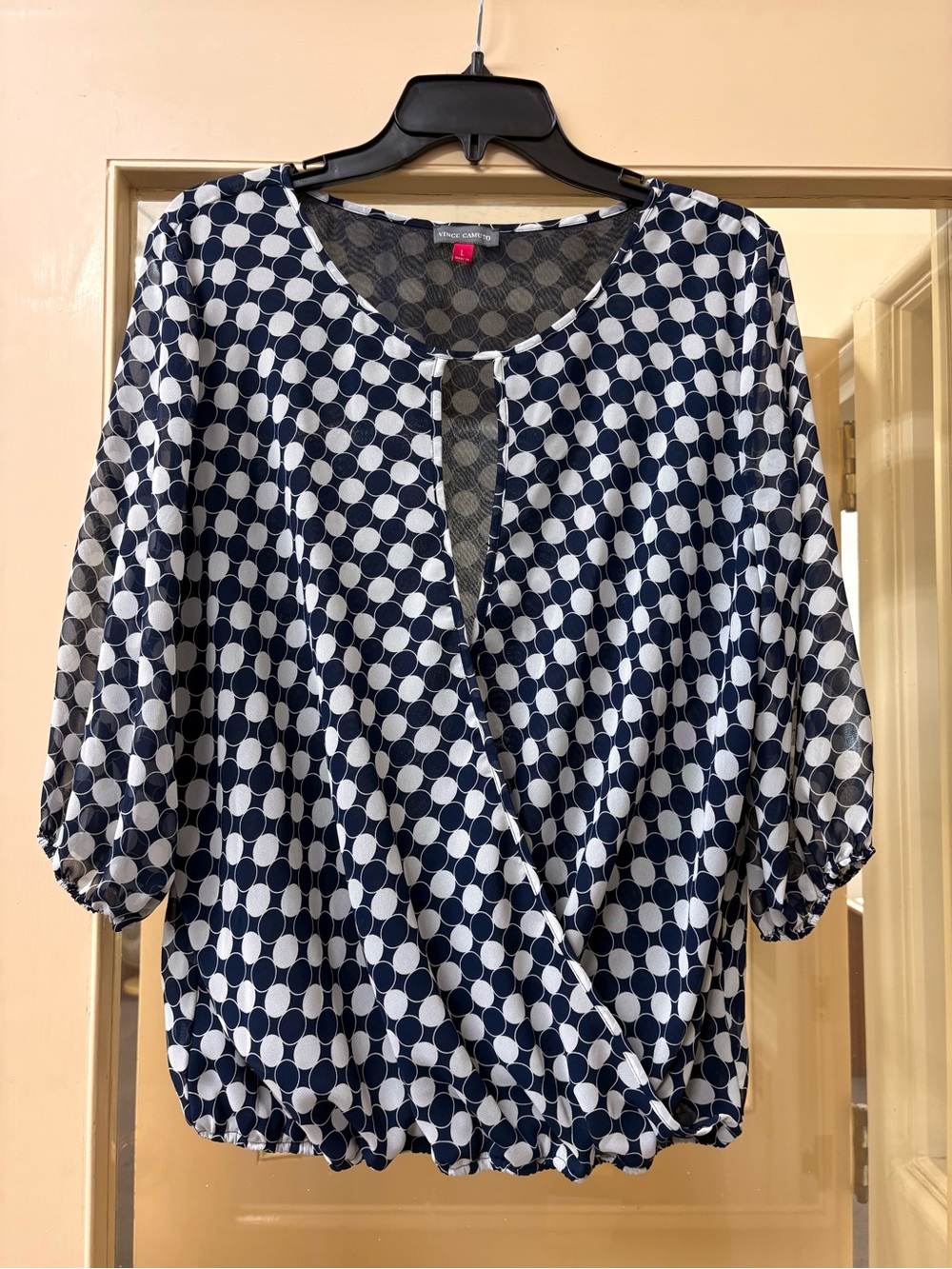 Polka Dot Wrap-Front Style Blouse - Navy/White